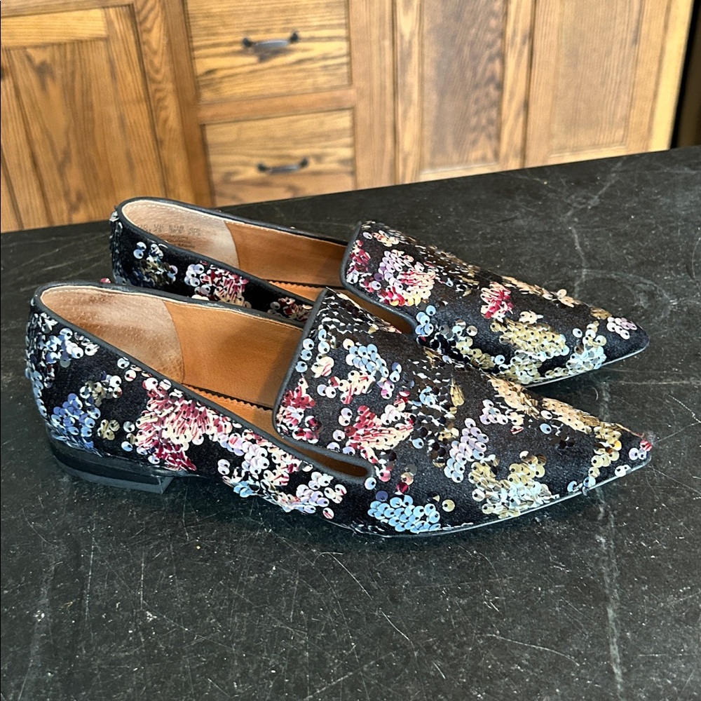 Franco Sarto Topaz Velvet Sequin Floral‎ Pointed Toe Loafer Smoking Shoes Flats